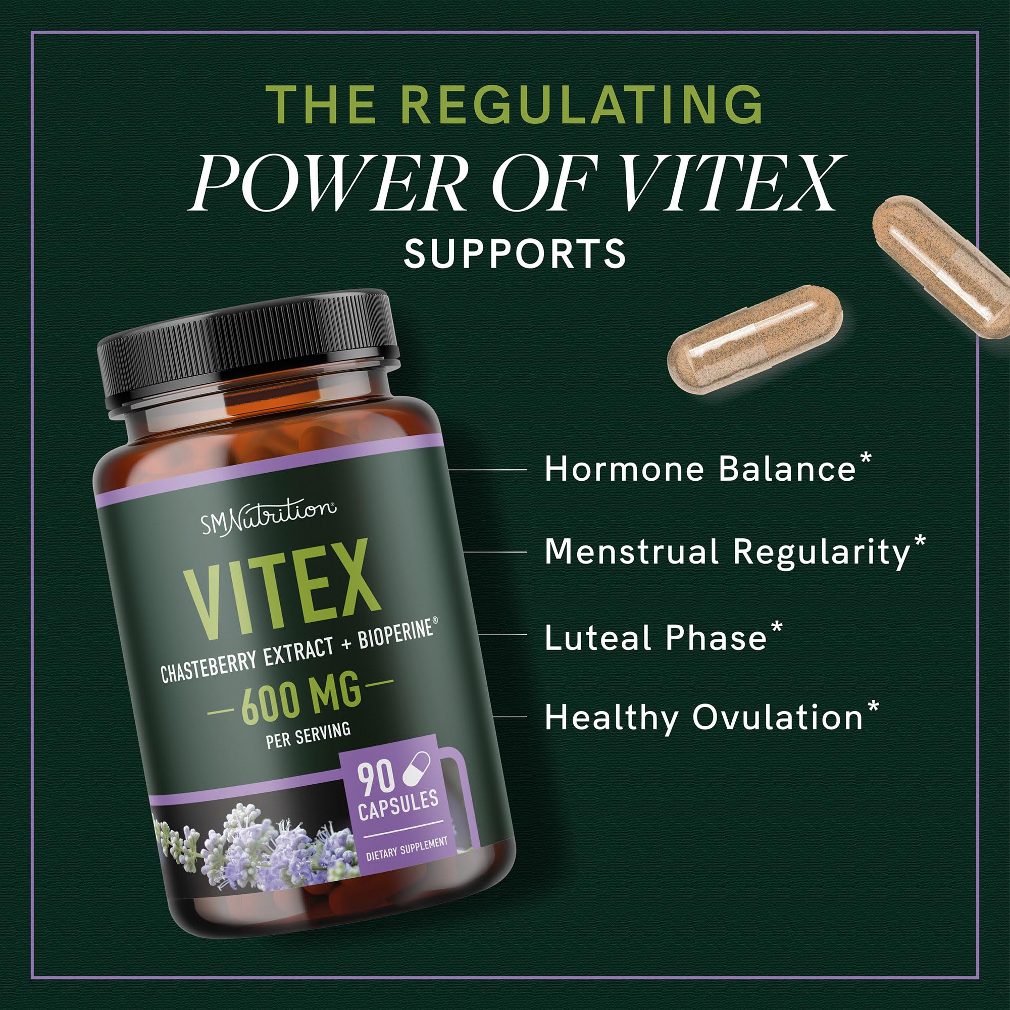 SMNutrition Vitex chasteberry capsules label highlights dosage for menstrual cycle support