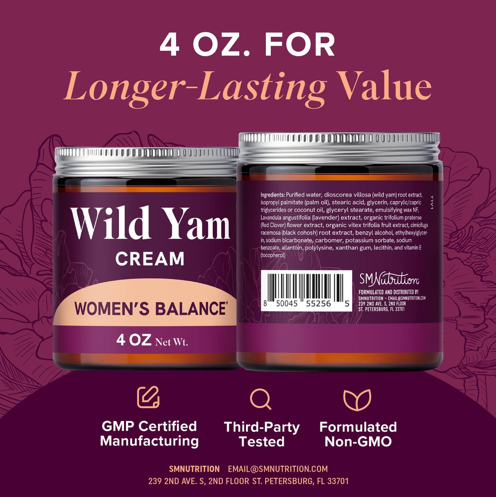 Ingredients panel image highlights vitex, black cohosh, red clover and lavender.