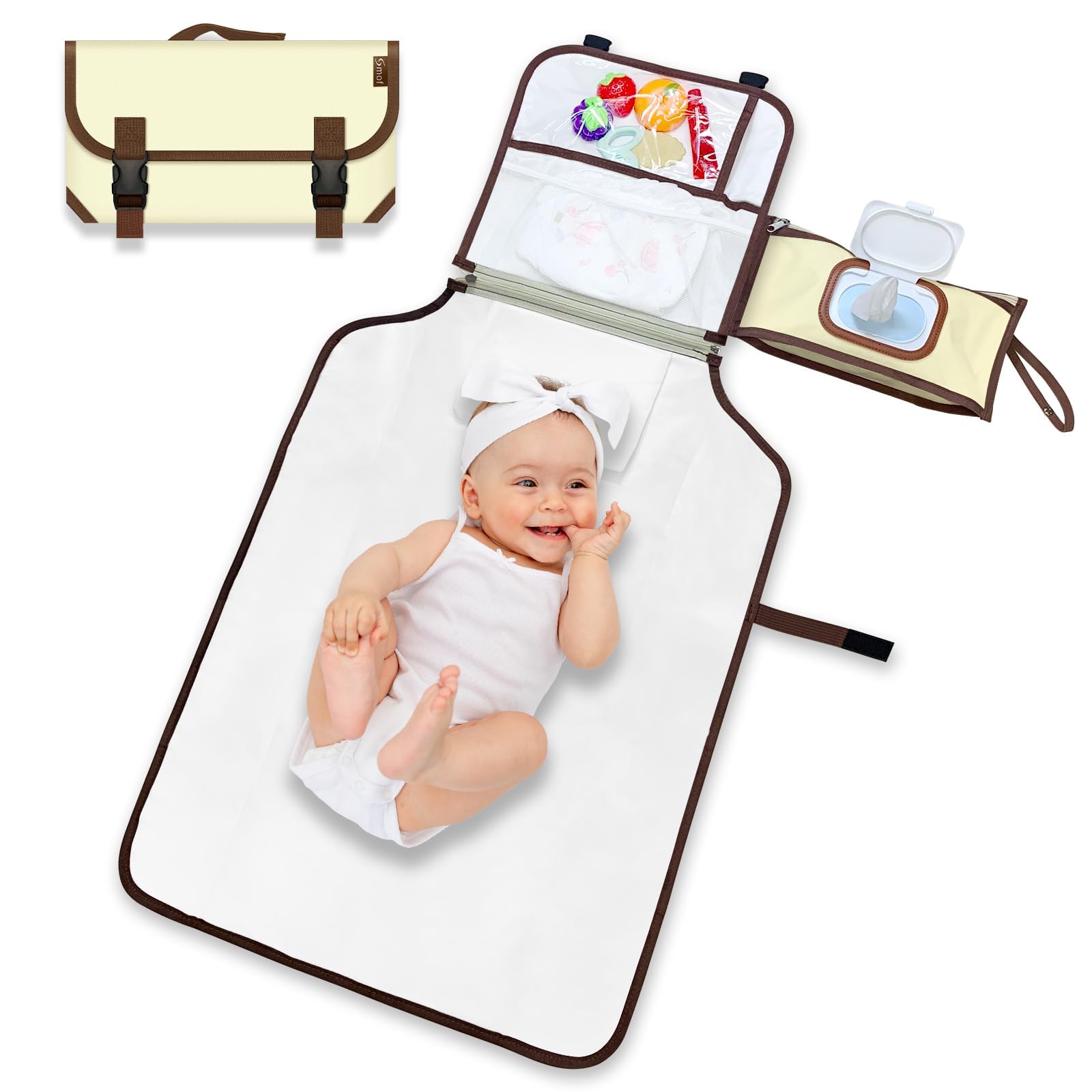 Smof portable changing pad folded compactly for travel convenience.