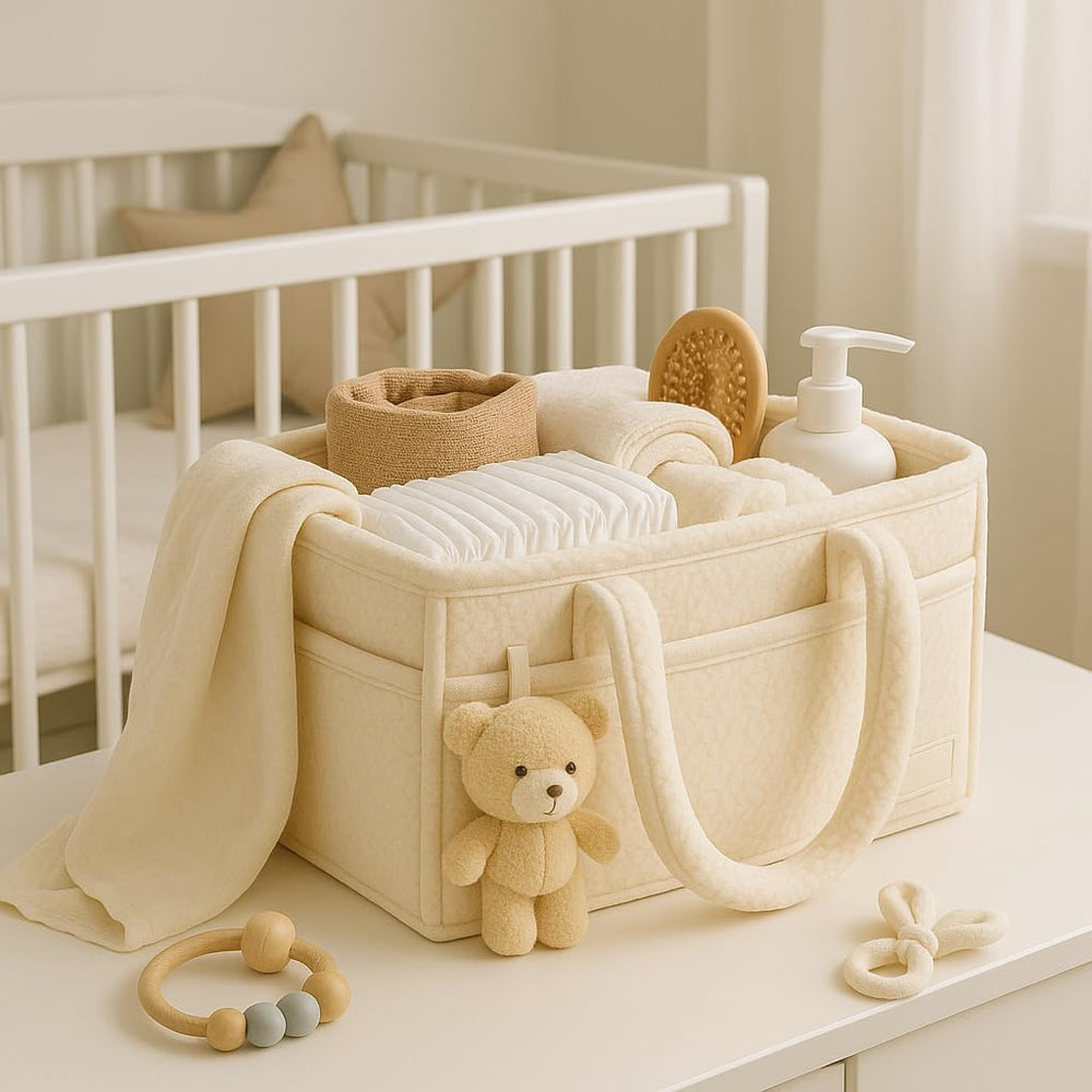 Smoochie diaper caddy nursery-decor neutral-tone complements any décor while staying organized.