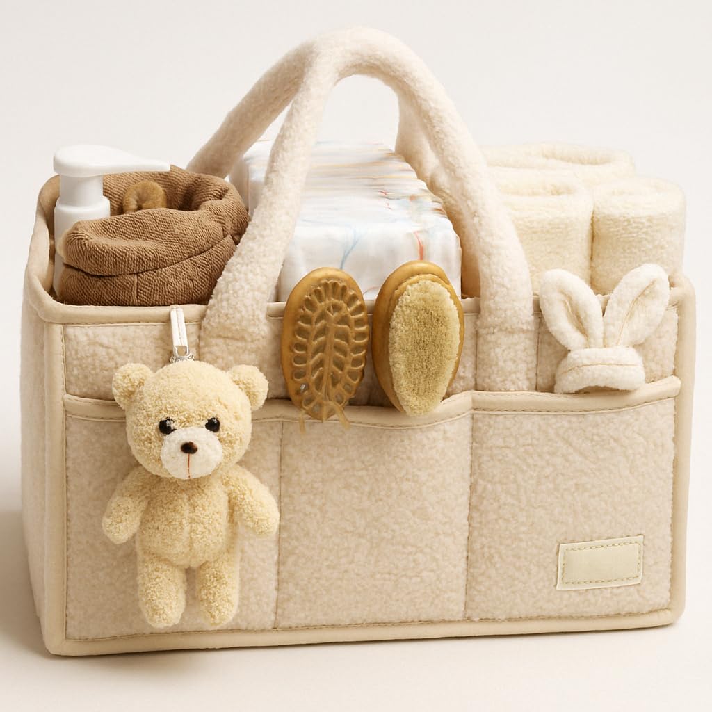 Smoochie diaper caddy organizer in full basket keeps nursery essentials accessible.