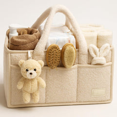 Smoochie diaper caddy organizer in full basket keeps nursery essentials accessible.