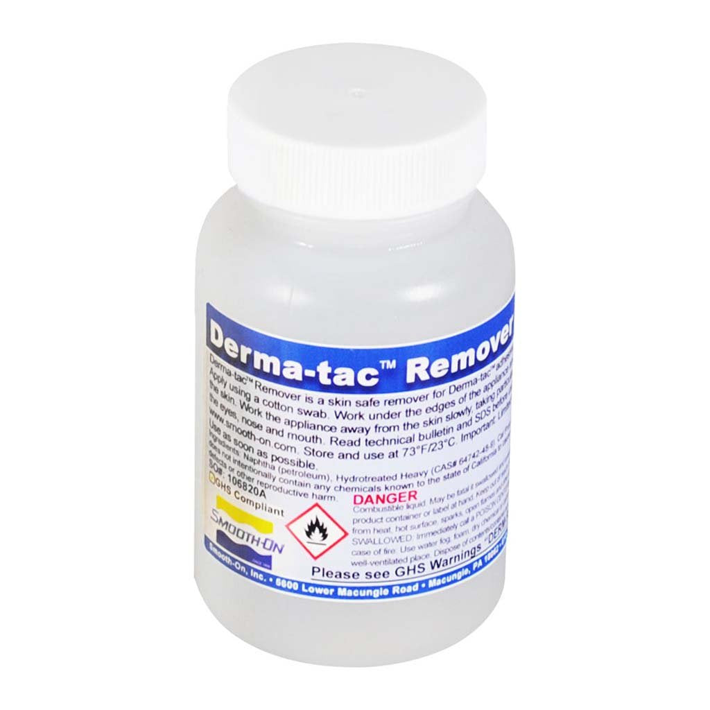 Smooth-On Derma-tac Remover bottle 4 oz for easy adhesive removal from skin and leather.