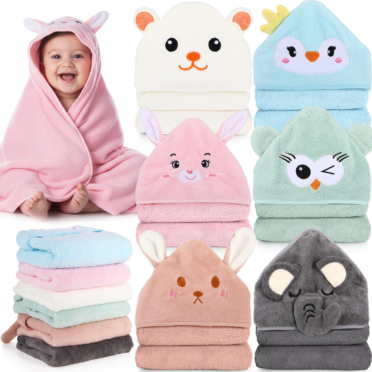SmoothNovelty baby hooded towel with animal hood in coral fleece for bath time