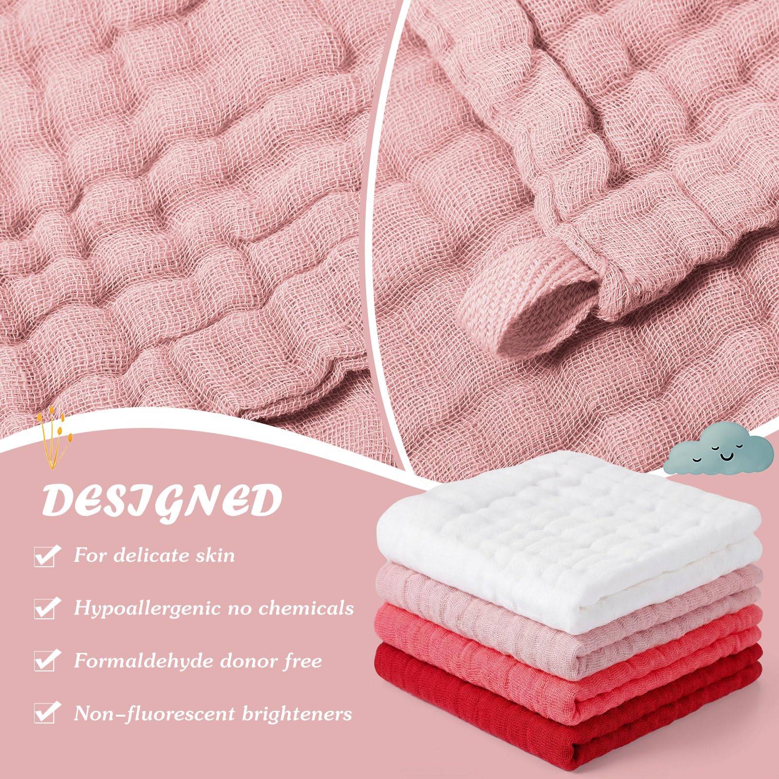 SmoothNovelty muslin washcloth close-up shows soft, 6-layer cotton for delicate skin.