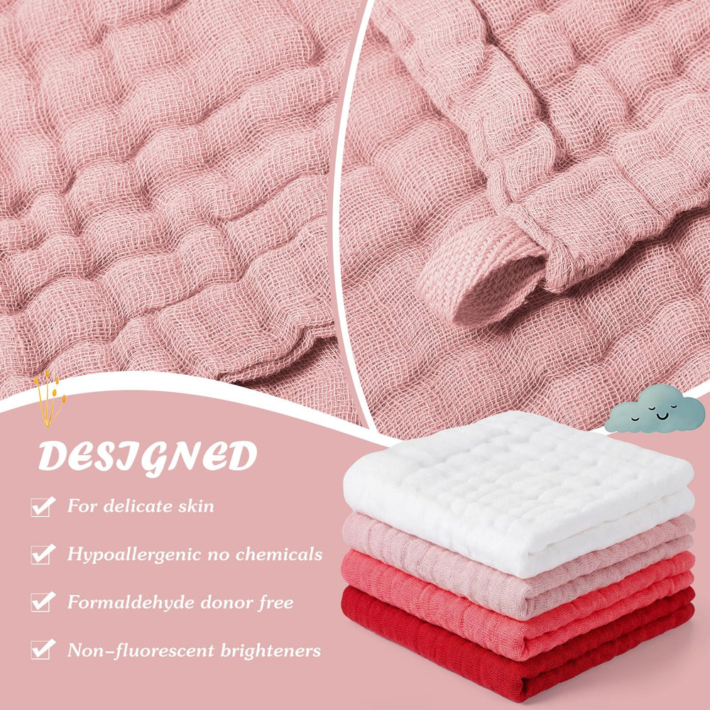 SmoothNovelty muslin washcloth close-up shows soft, 6-layer cotton for delicate skin.