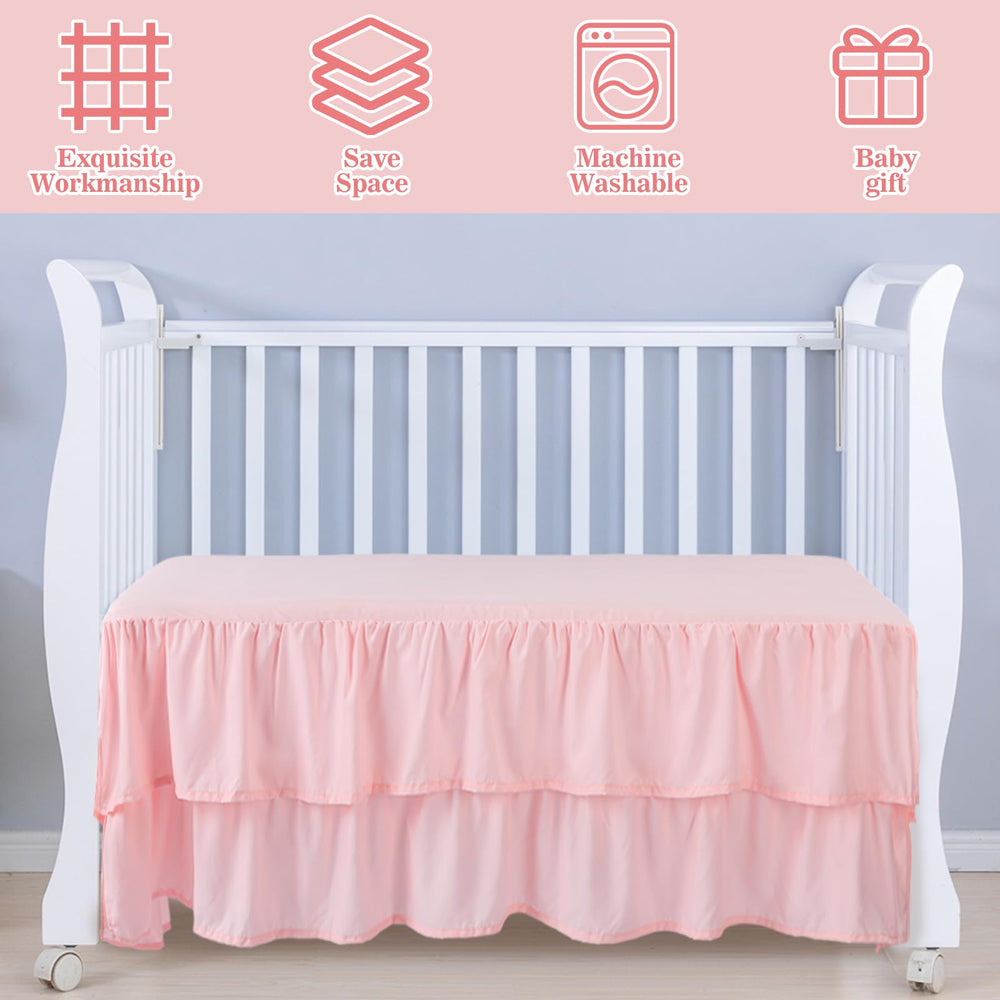 SmoothNovelty Pink crib skirt shows a 14-inch drop for full coverage