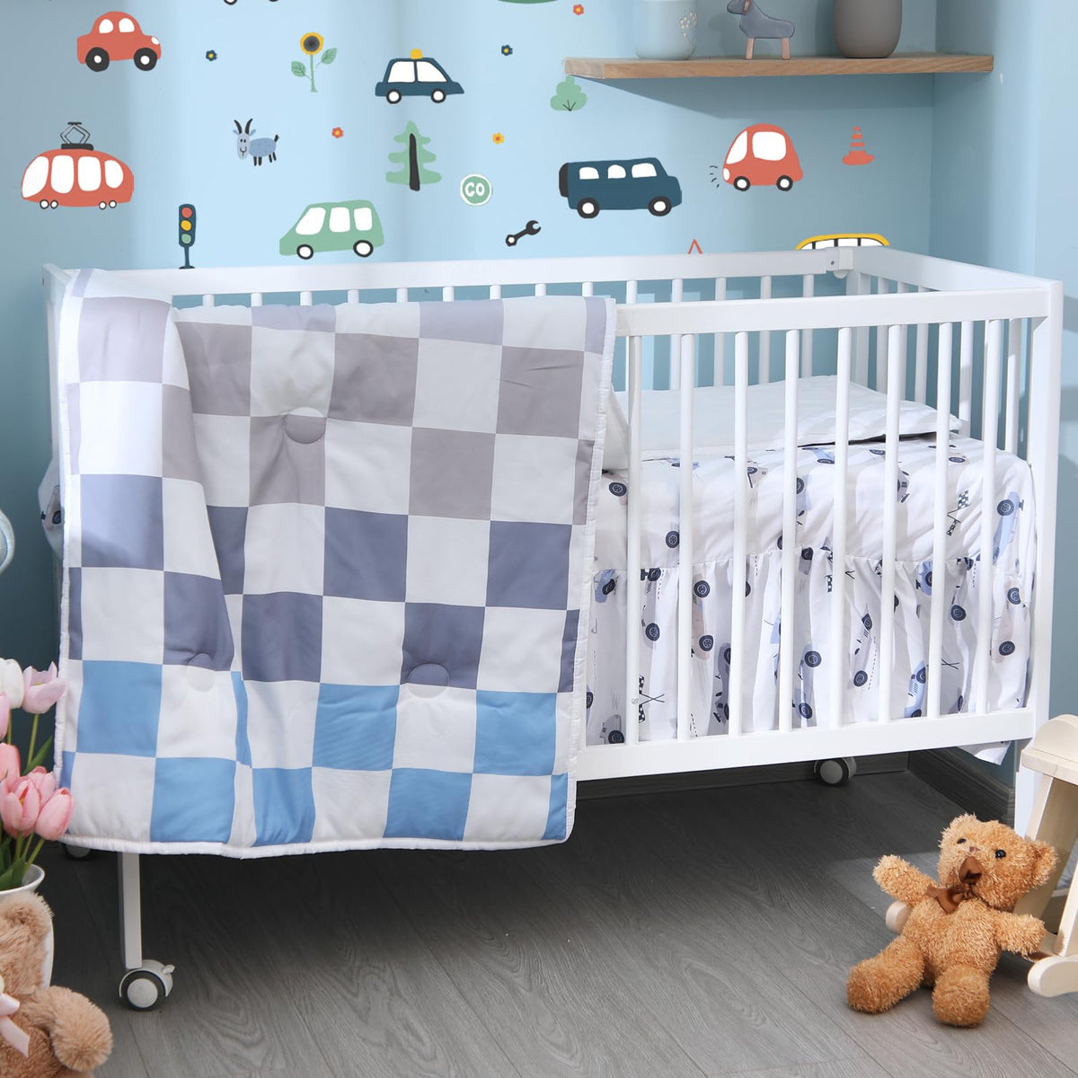 SmoothNovelty race cars crib comforter for a playful boys' nursery.