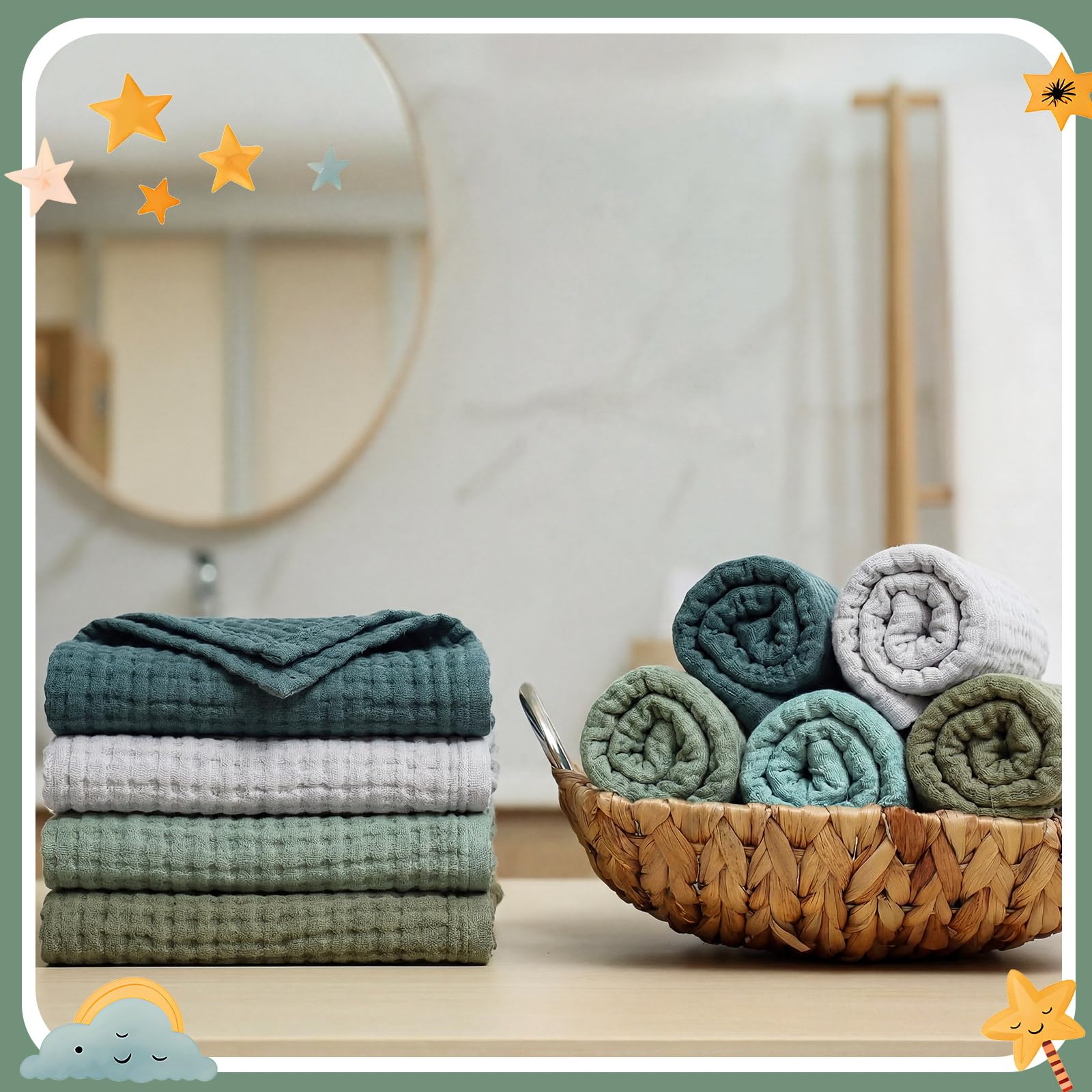 SmoothNovelty washcloths featuring a built-in lanyard for drying and organization