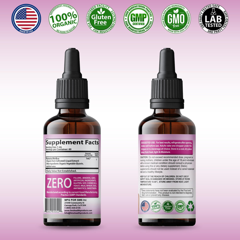 SMSHealthProducts Pueraria Mirifica Drops non-GMO label—clean ingredient promise.