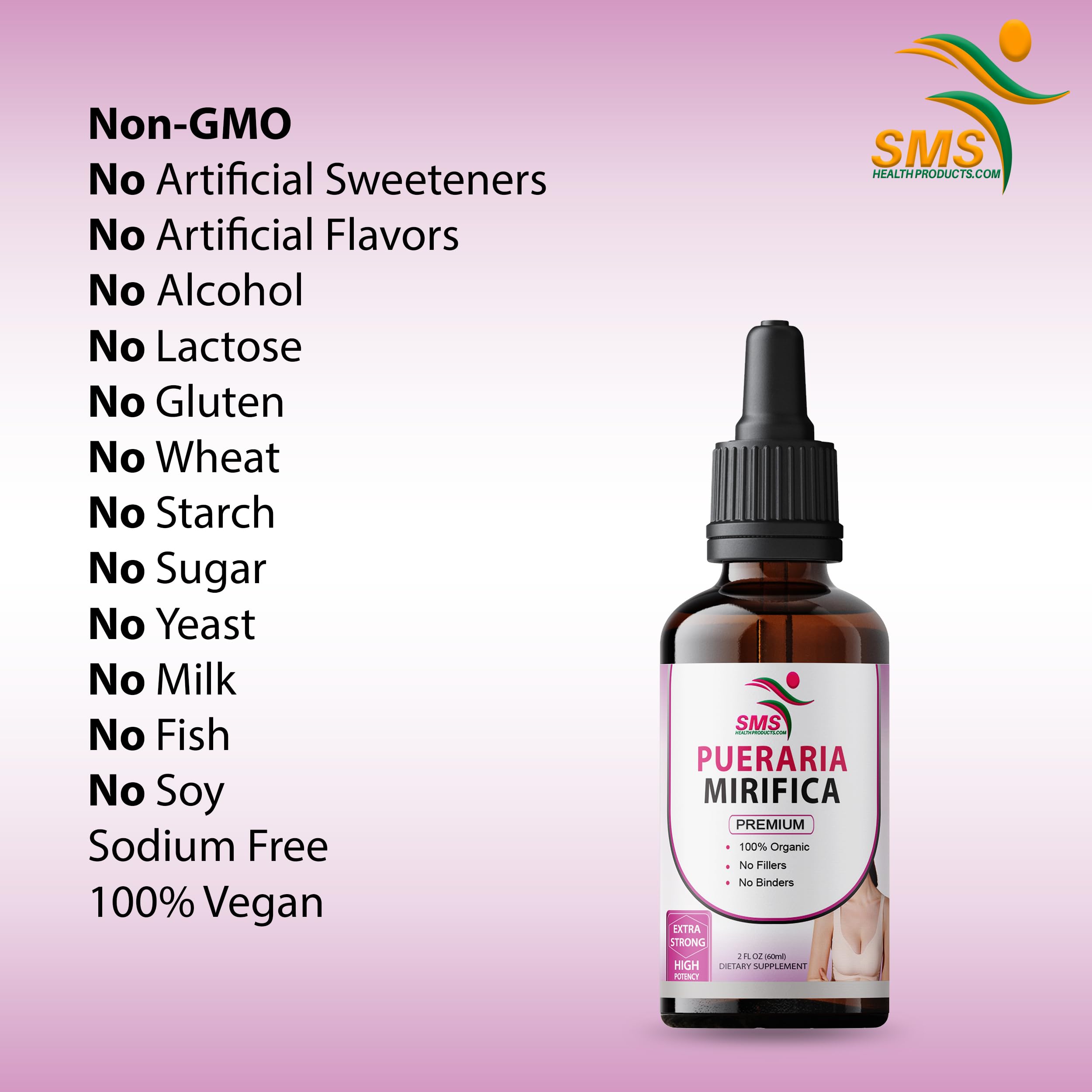 SMSHealthProducts Pueraria Mirifica Drops organic label—non-GMO and vegan formulation.