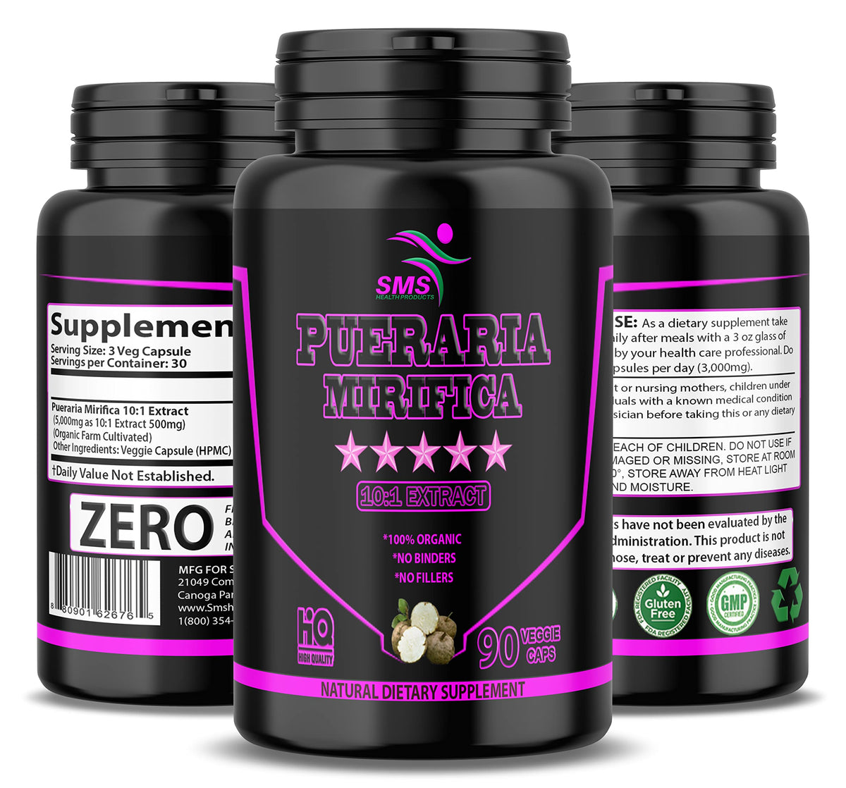 SMS Health Products Pueraria Mirifica pills bottle shows high-potency veggie capsules for daily support.