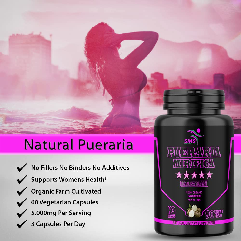 SMS Health Products Pueraria Mirifica pills capsules closeup; vegetarian capsules for daily wellness.