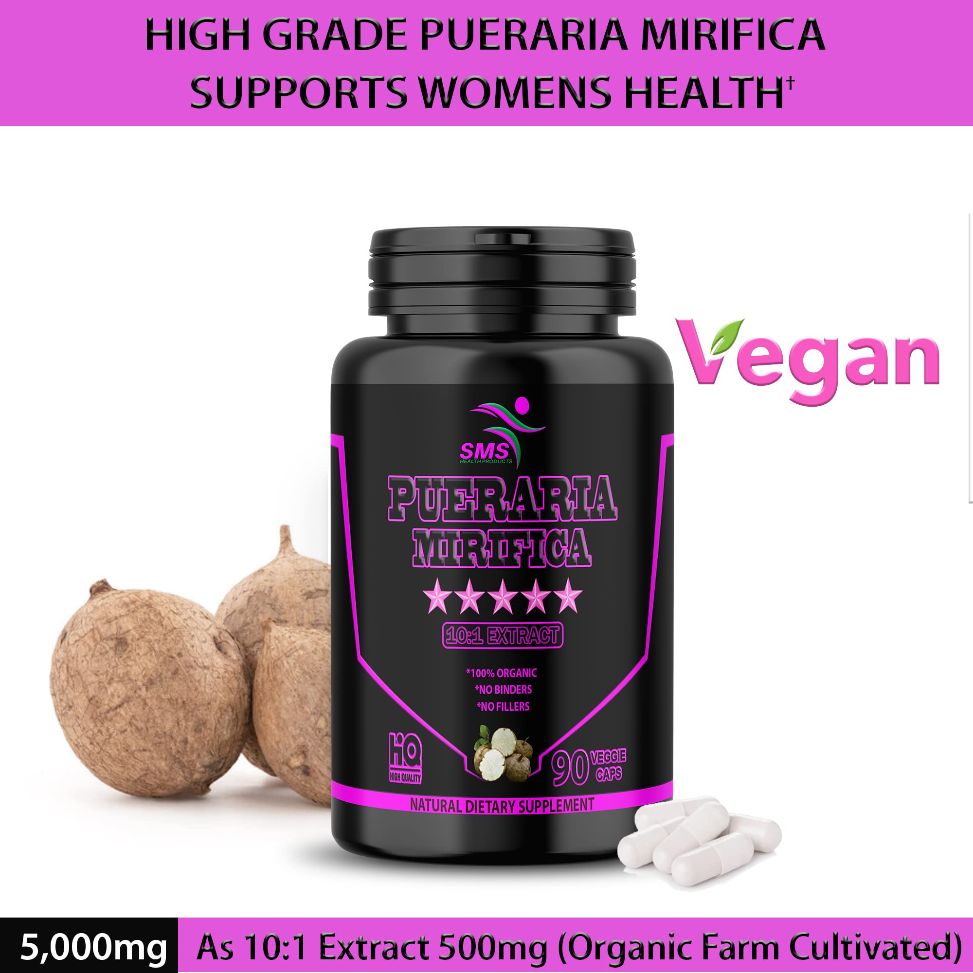 SMS Health Products Pueraria Mirifica pills daily-dose bottle; convenient 90-capsule supply.