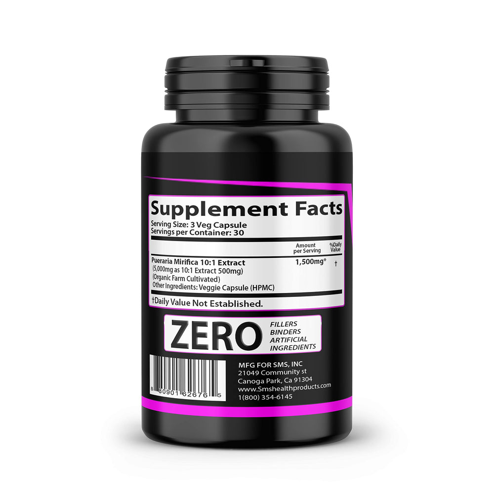 SMS Health Products Pueraria Mirifica pills in hand; portable daily supplement.