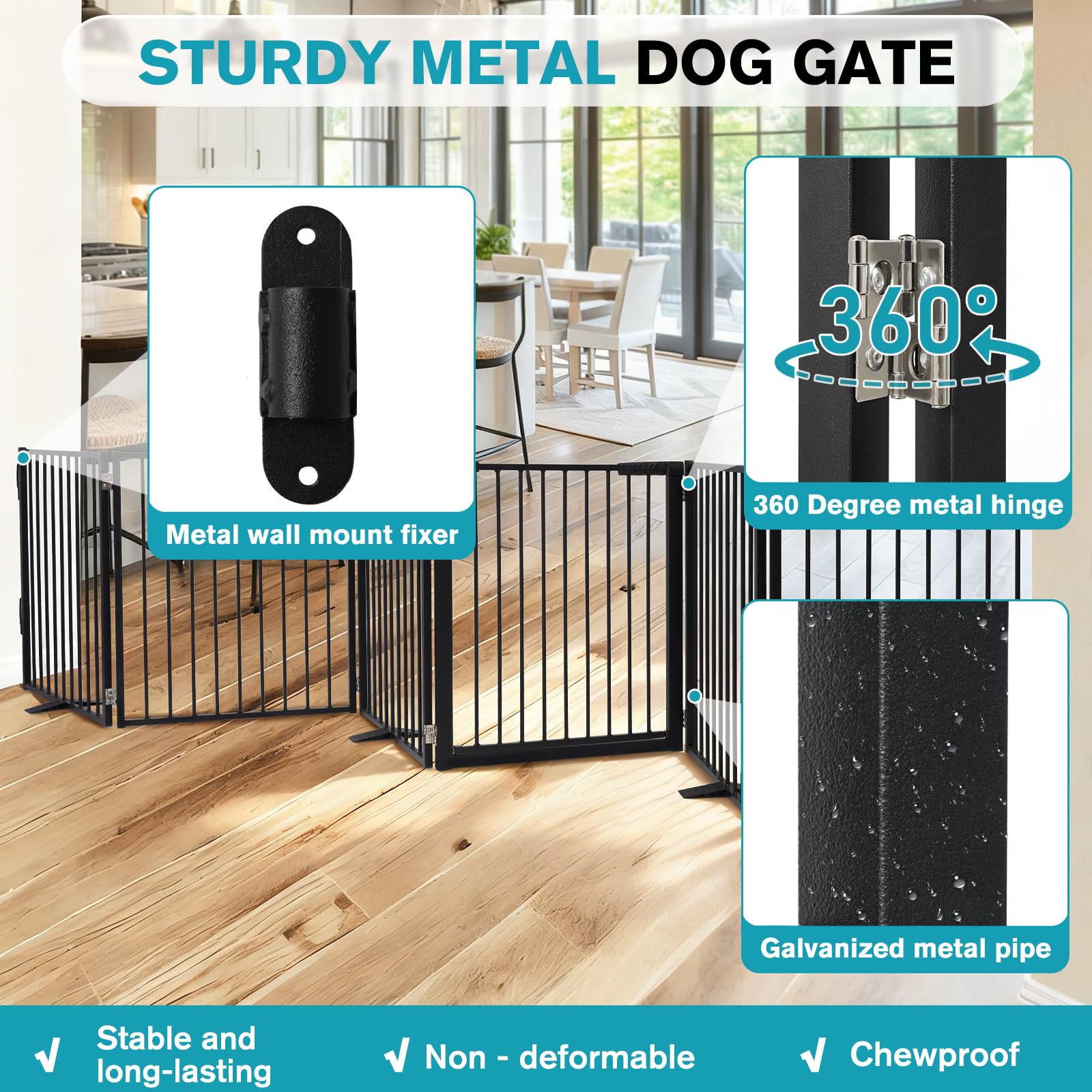 Snagle Paw gate with support feet on wood floor demonstrates stability and safety.