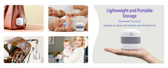 Snappy Portable UV Cleaner beside bottle nipples ready for on-the-go use.