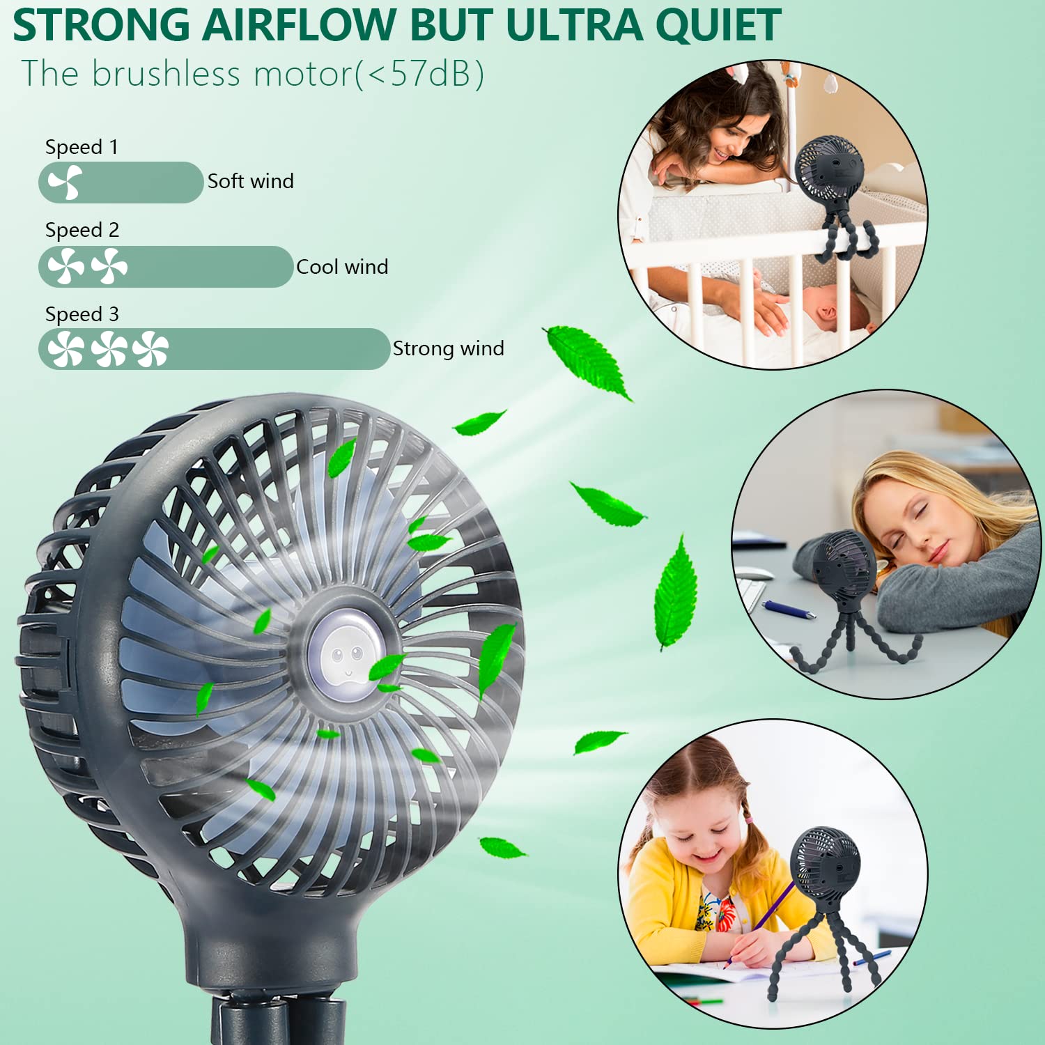snawowo mini fan long battery life; up to 12 hours at low speed
