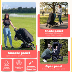 SnoozeShade Plus Extra breathable mesh keeps air flowing while shading the stroller.