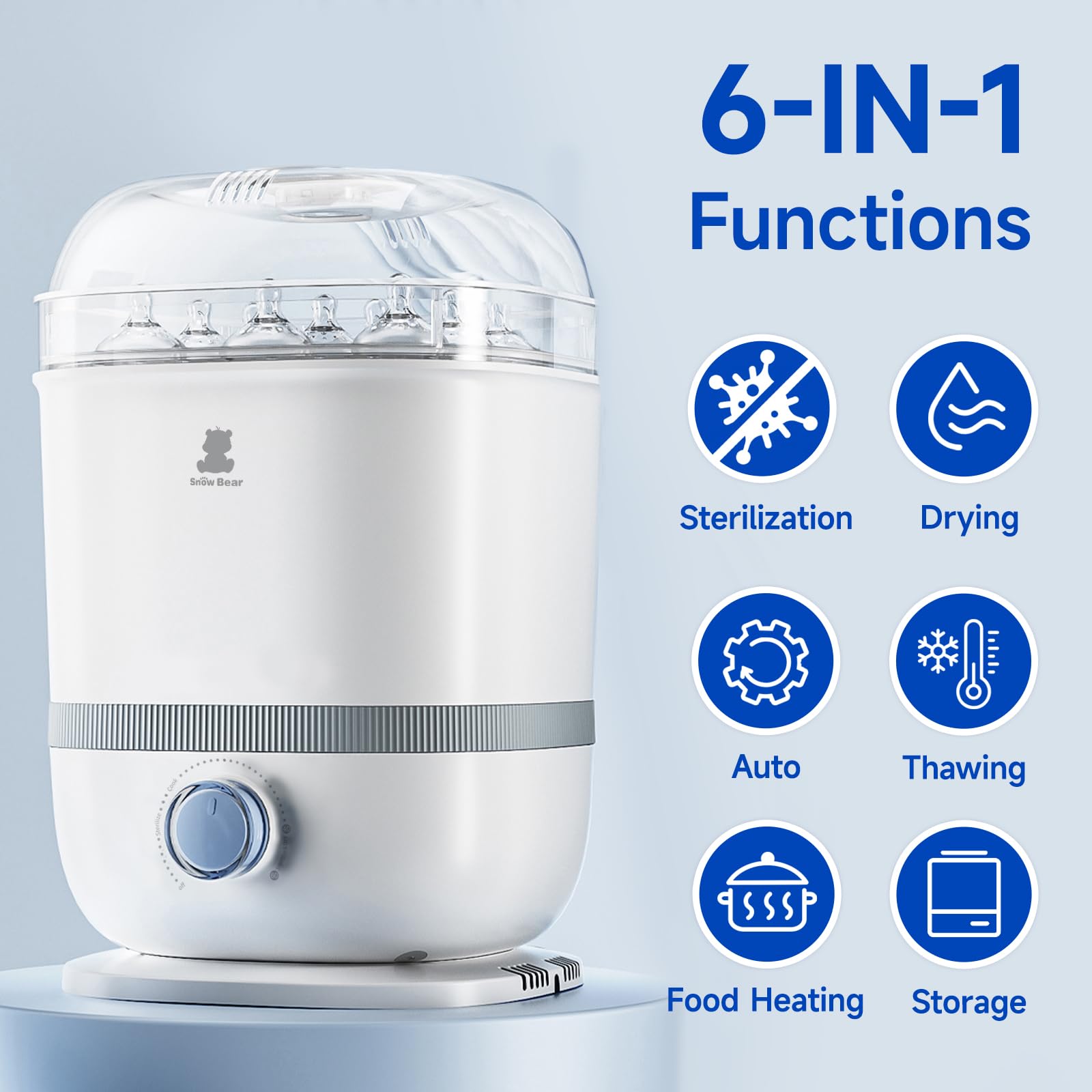 Snow Bear 6-in-1 sterilization and drying feature overview.