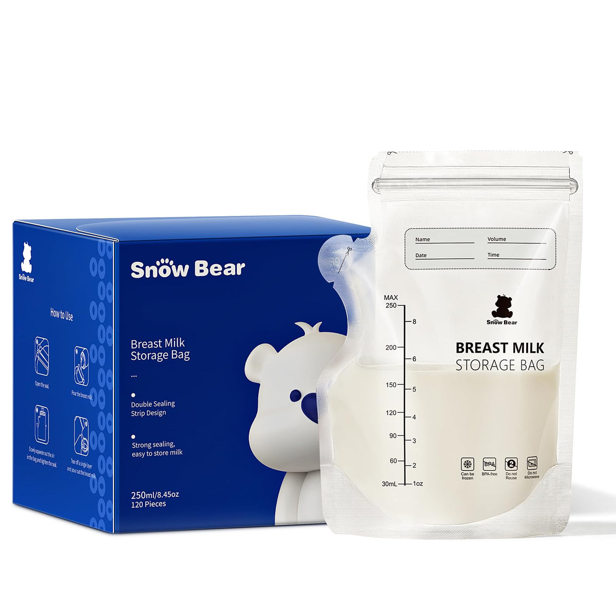 Snow Bear 8oz breastmilk bag shows clear measurement and sturdy construction.