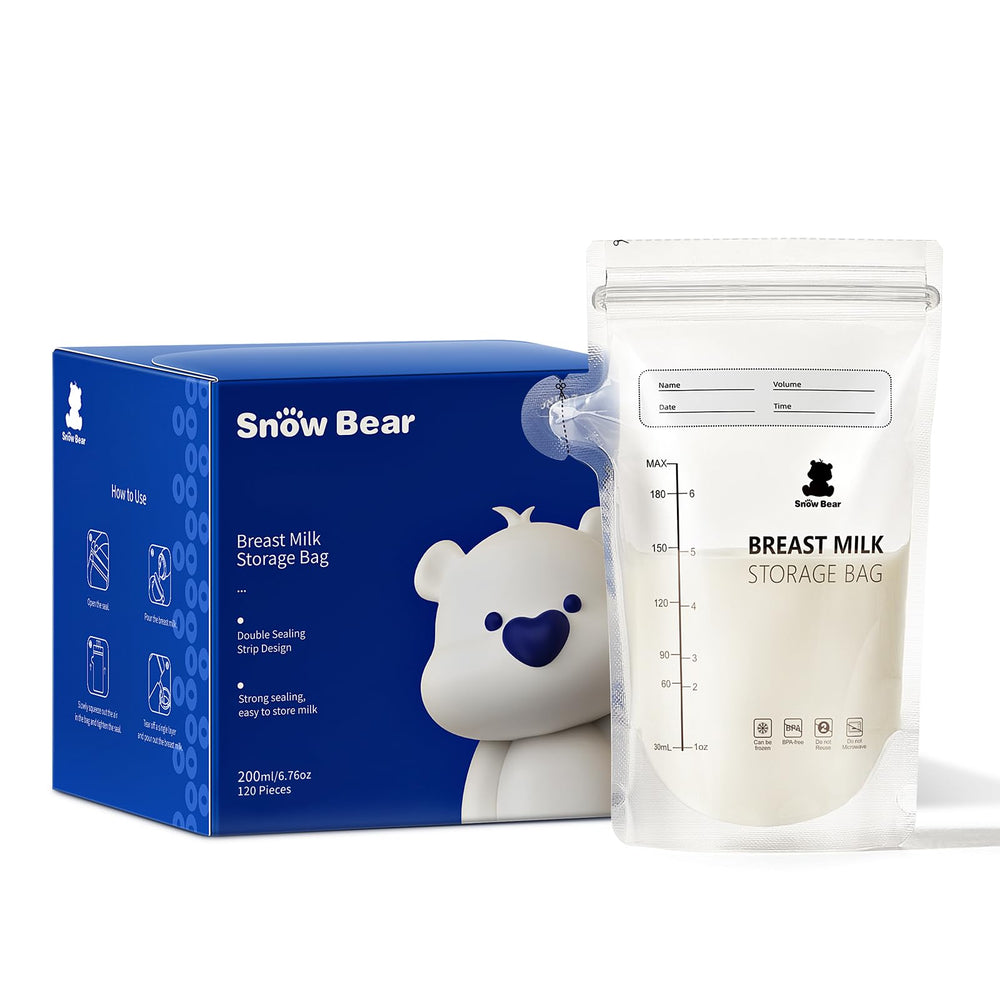 Snow Bear breastmilk storage bag 6oz pour with easy one-handed filling and leak prevention.