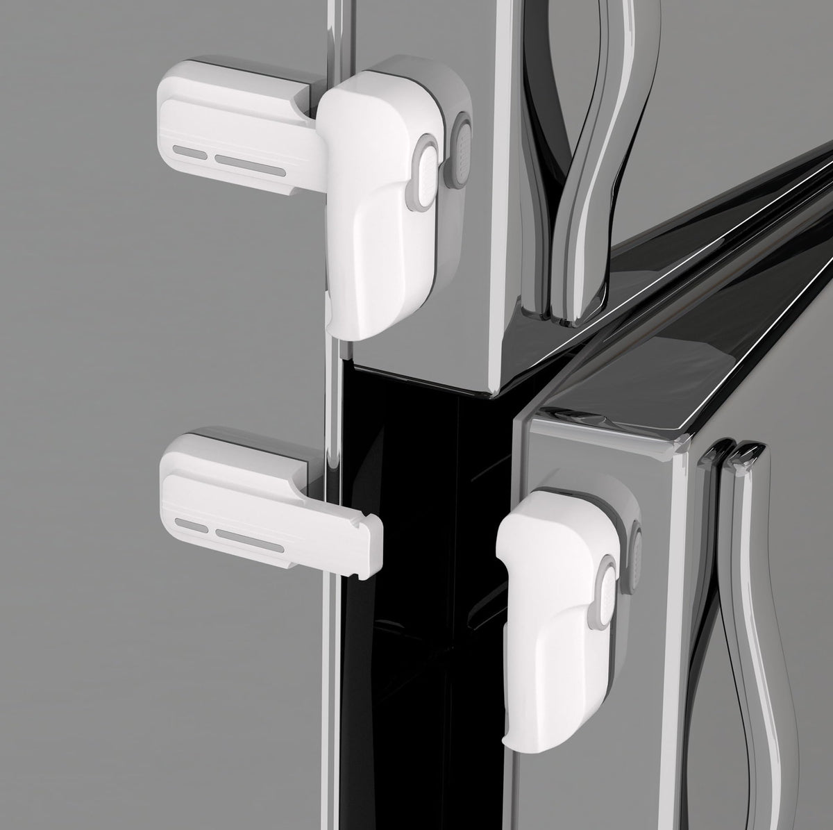 Snowharp child proof freezer latch with front and rear buttons for one-handed use.