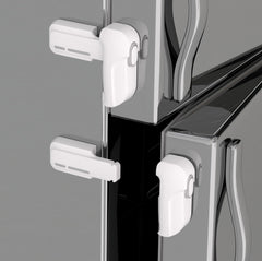 Snowharp child proof freezer latch with front and rear buttons for one-handed use.
