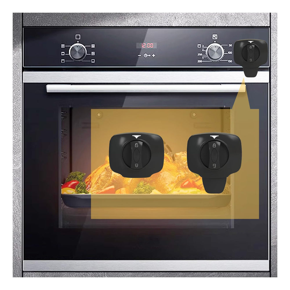 Snowharp knob-switch oven lock, black, 2-pack, prevents little ones from turning on the oven