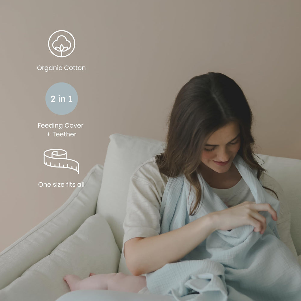 Built-in BPA-free silicone teether ring on snuggle me Nursing Cover