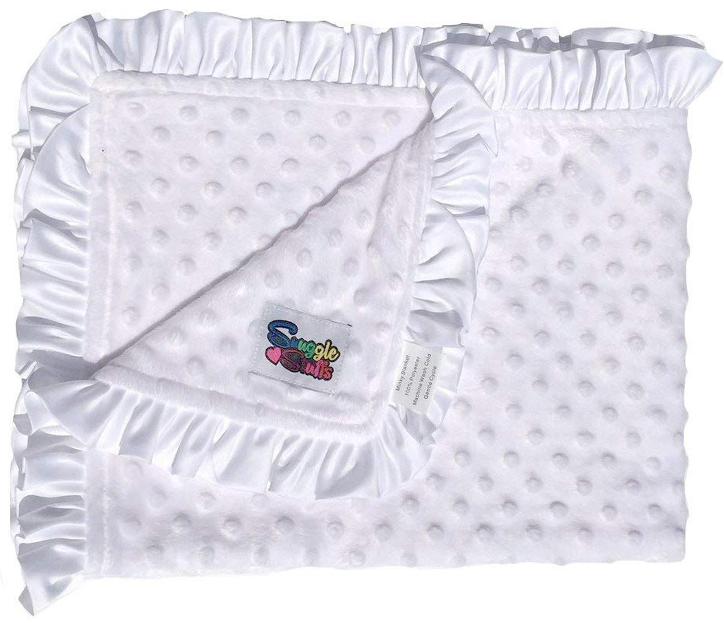 Snuggle Stuffs reversible baby blanket shows lavender dot on one side and purple trim.