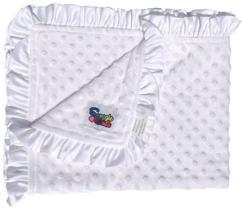 Snuggle Stuffs reversible baby blanket shows lavender dot on one side and purple trim.
