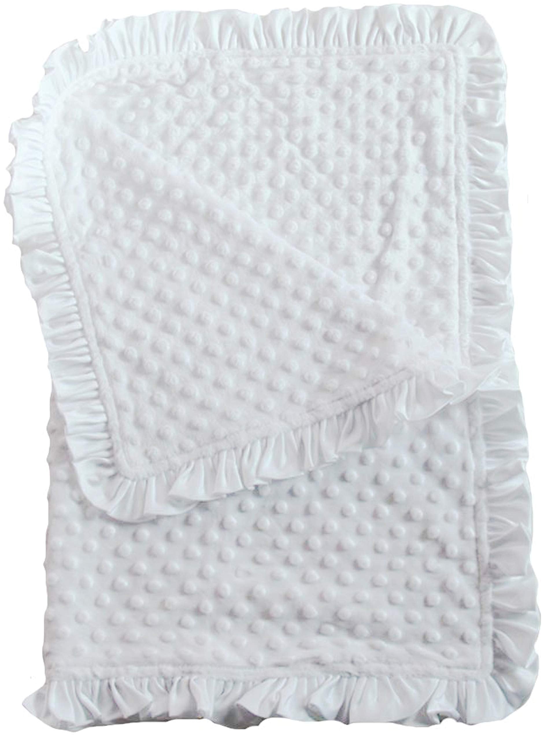 Snuggle Stuffs white minky dot blanket with satin ruffle, ultra-soft for newborn comfort.