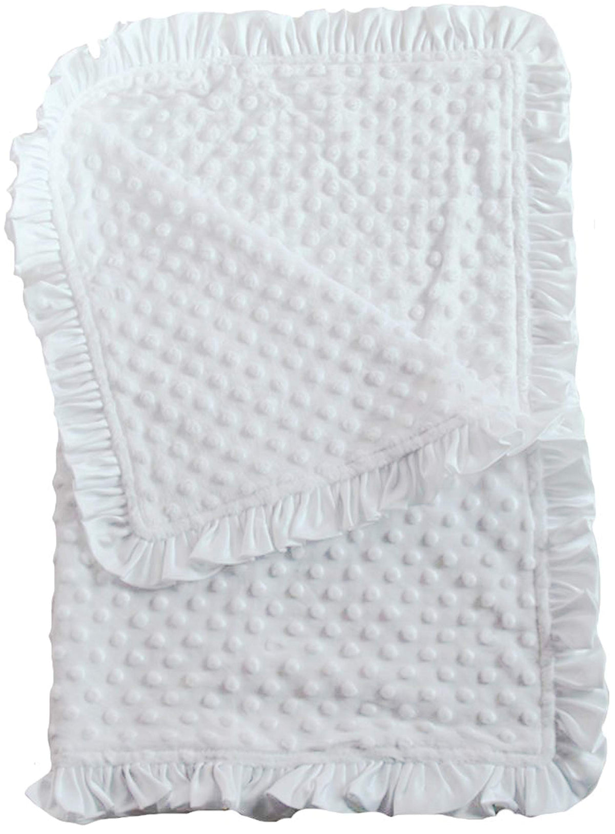 Snuggle Stuffs white minky dot blanket with satin ruffle, ultra-soft for newborn comfort.
