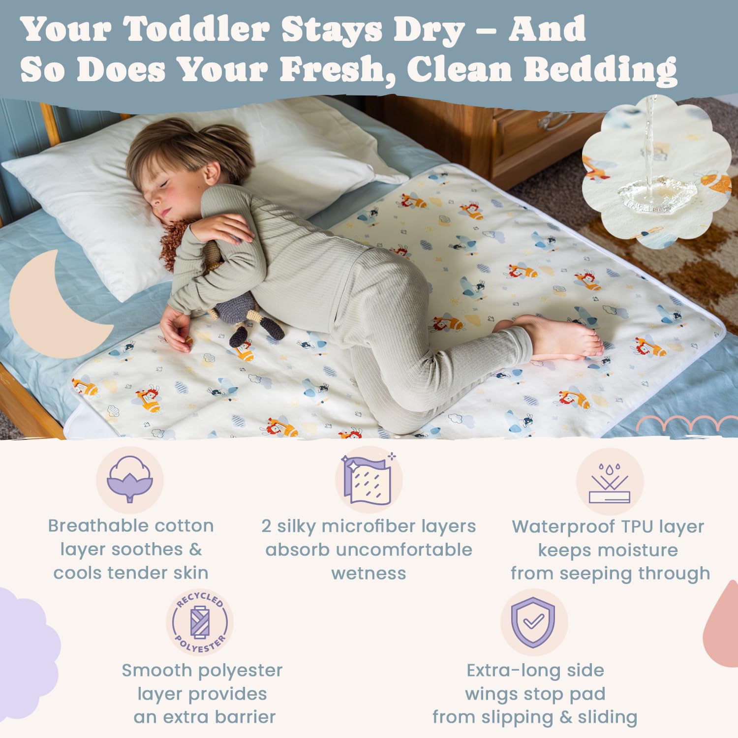 Snugglekid five-layer construction with cotton top for soft, durable protection.