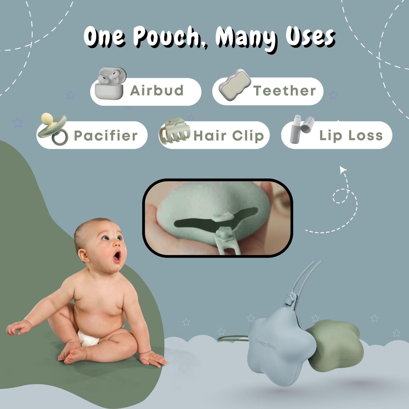 SnuggyBaby silicone pacifier storage with soft touch material