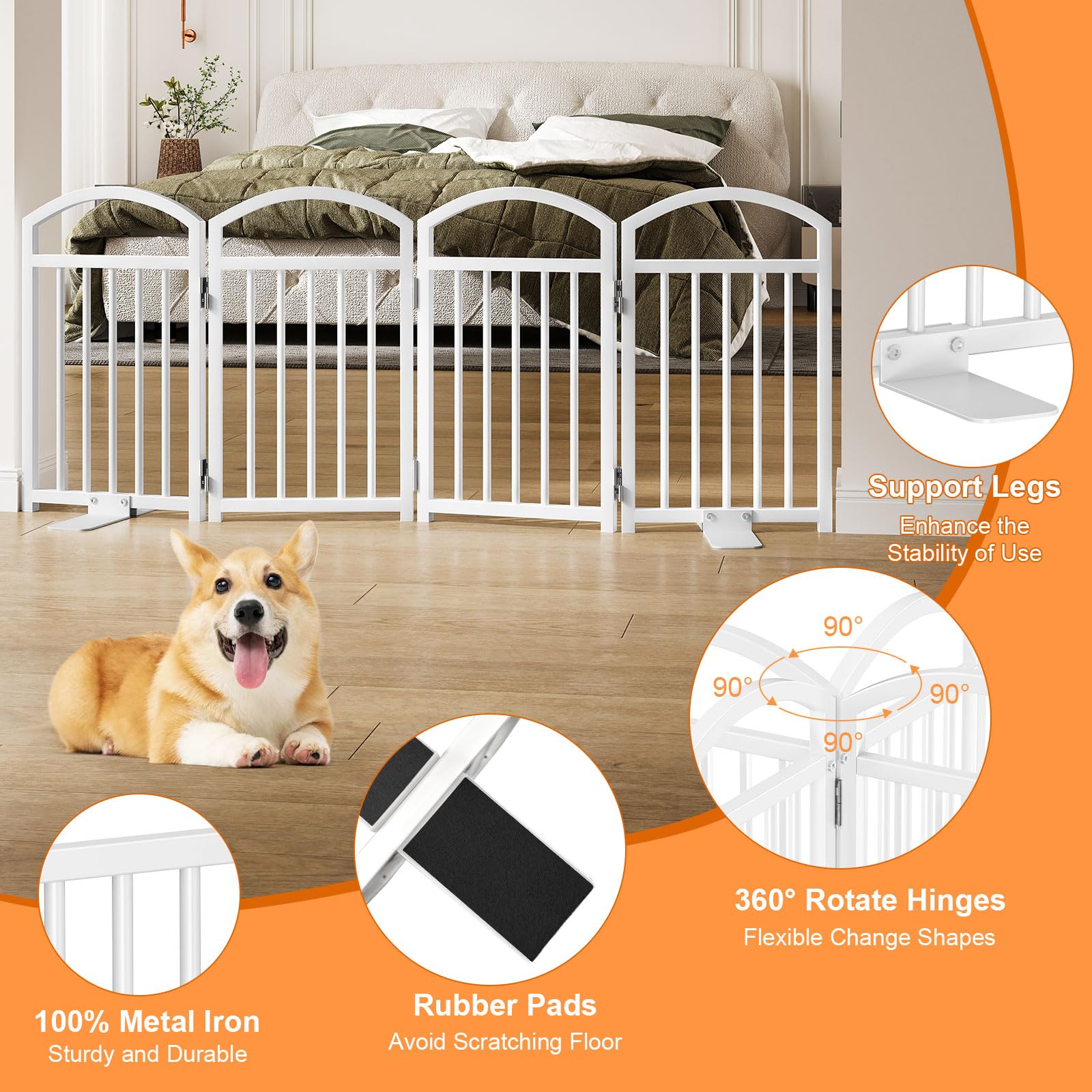 Snughome dog gate 360-degree folding hinges for quick setup.