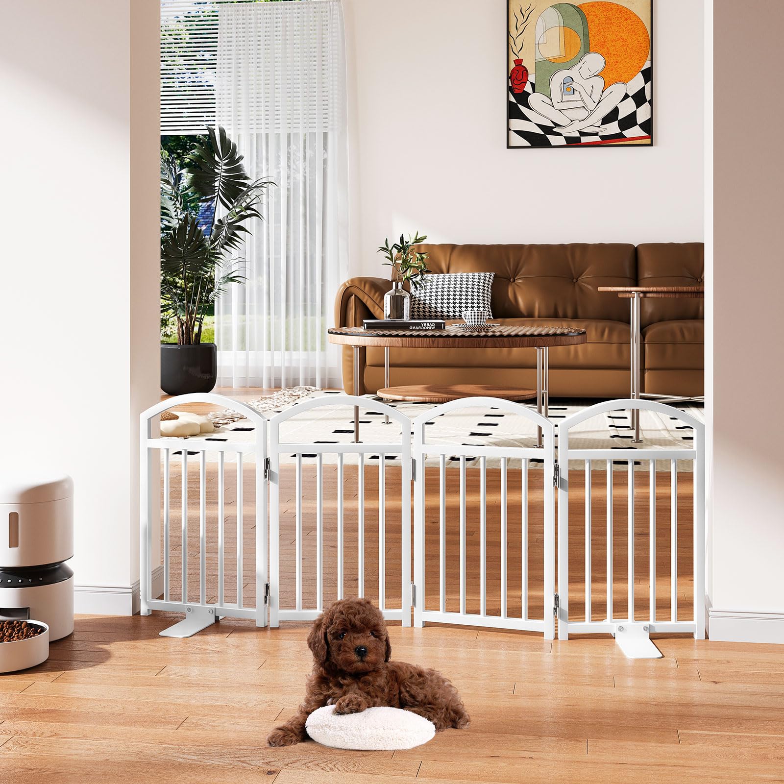 Snughome dog gate 48-inch opening enables wide pet passage.