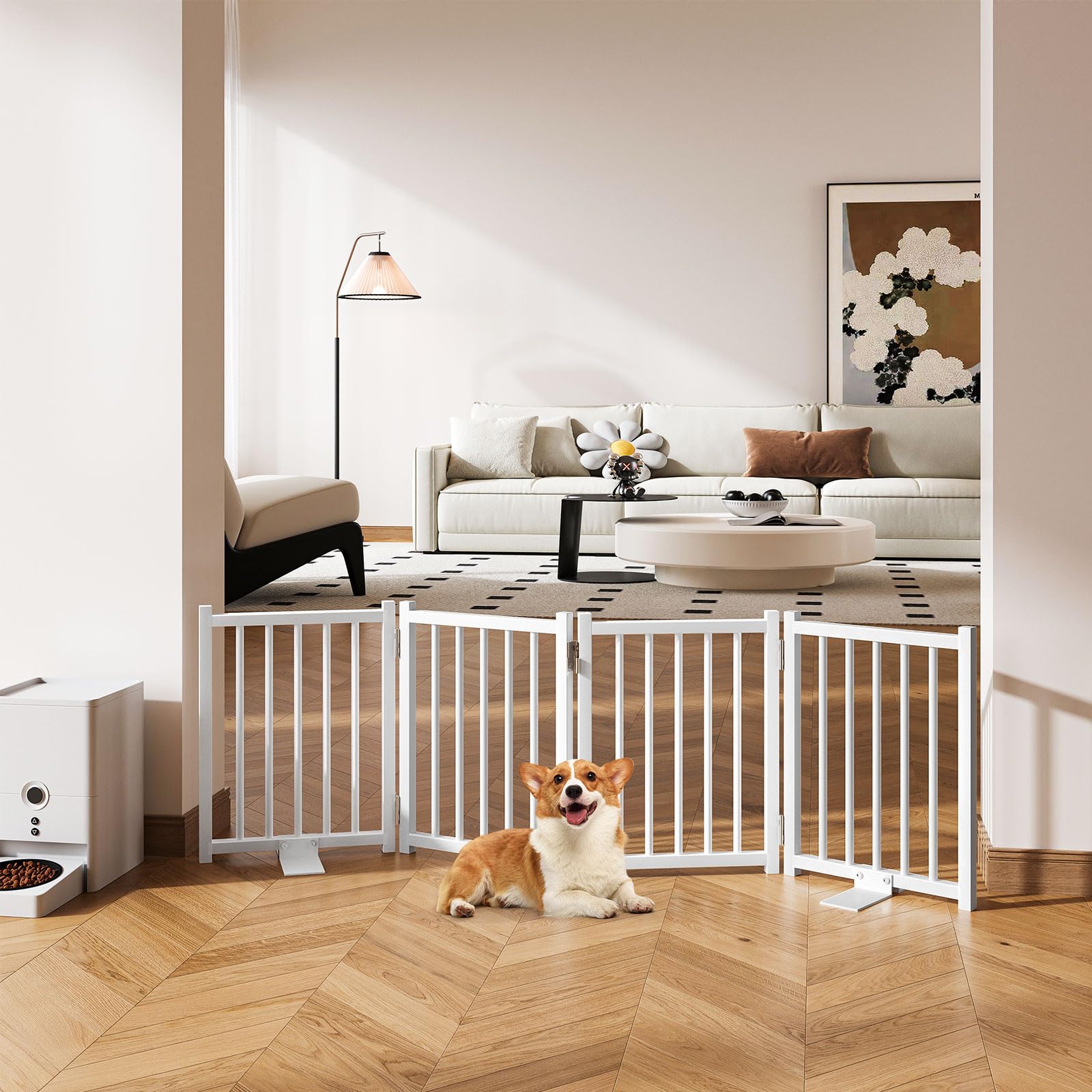 Snughome dog gate at staircase corner keeps pets safe without obstructing decor.