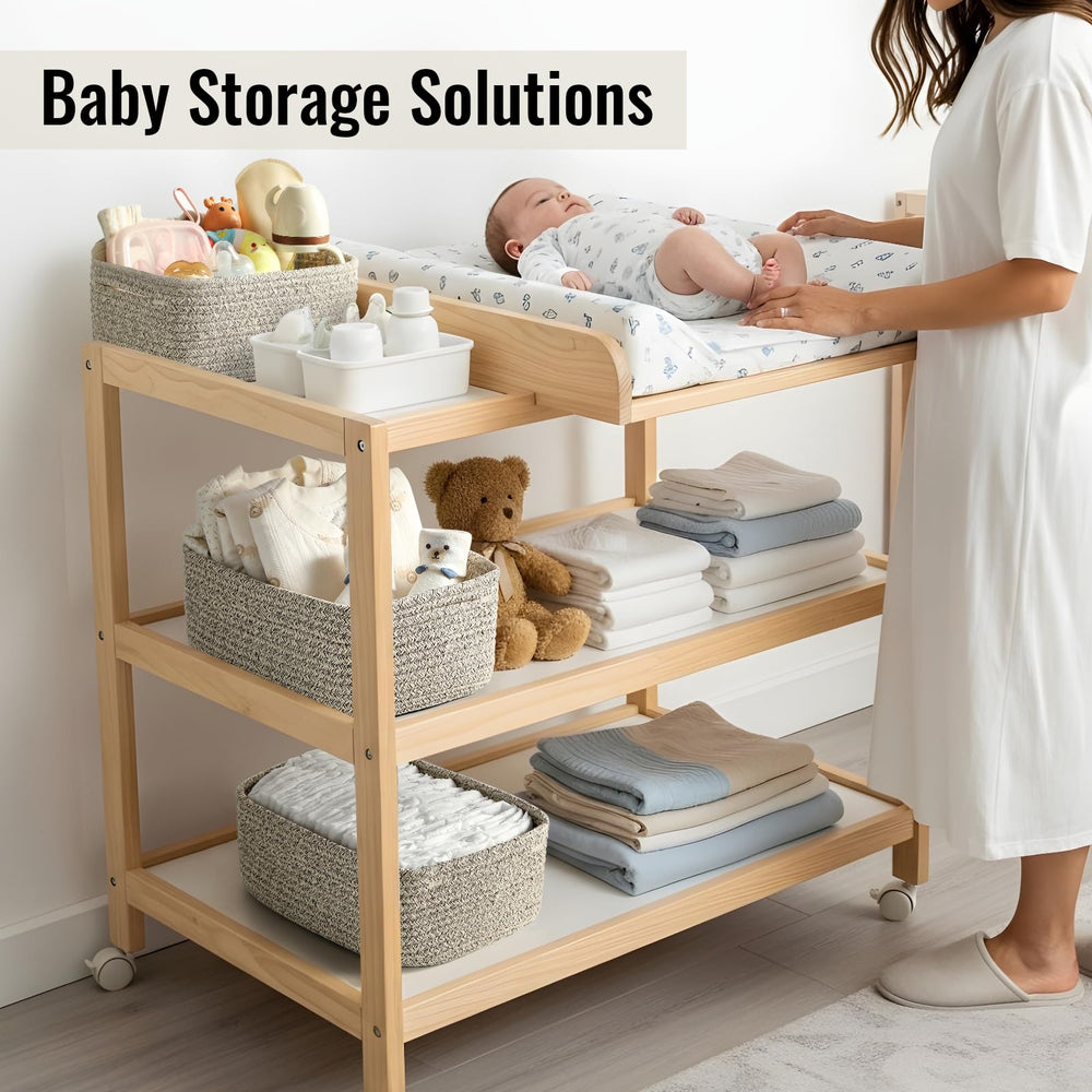 Snuvid towel storage basket on a bathroom vanity with towels