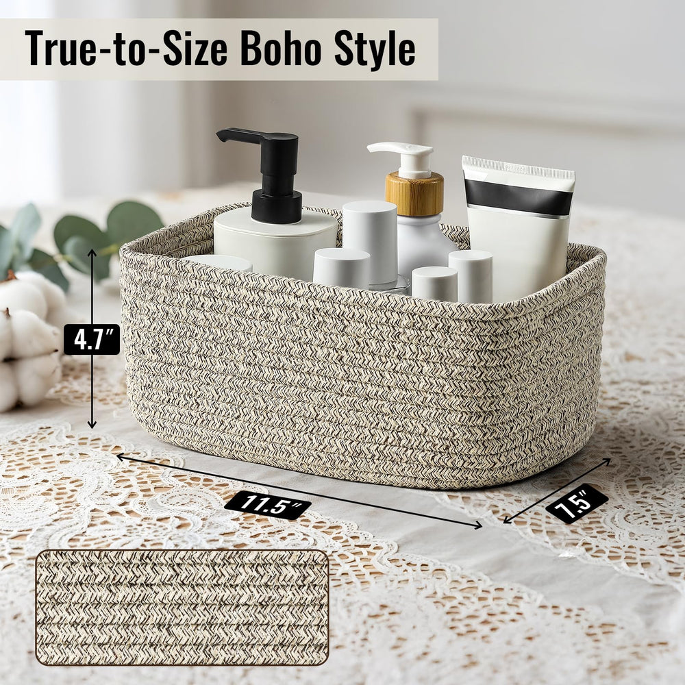 Snuvid woven rope bin in bathroom holding toiletries in a neat stack