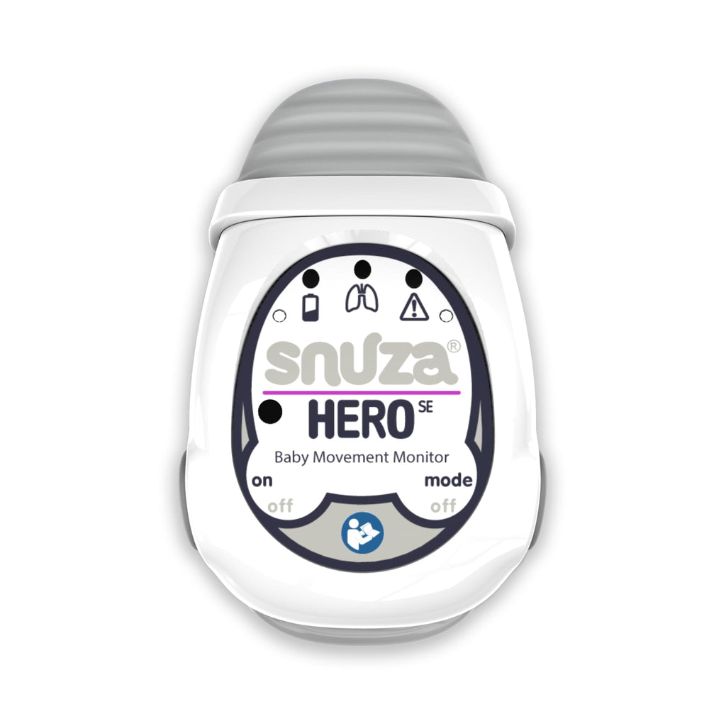 Snuza Hero movement monitor attached to diaper for reliable on-the-go monitoring.