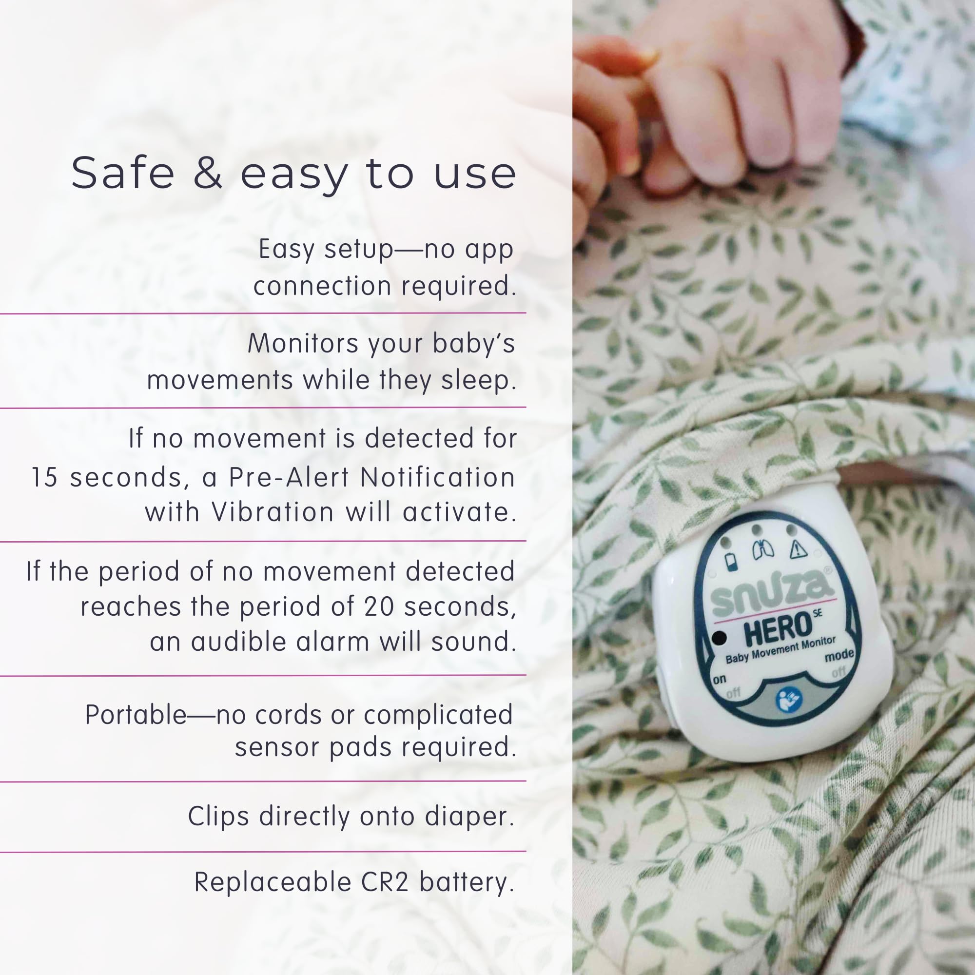 Snuza Hero no-wifi setup view with diaper attachment.