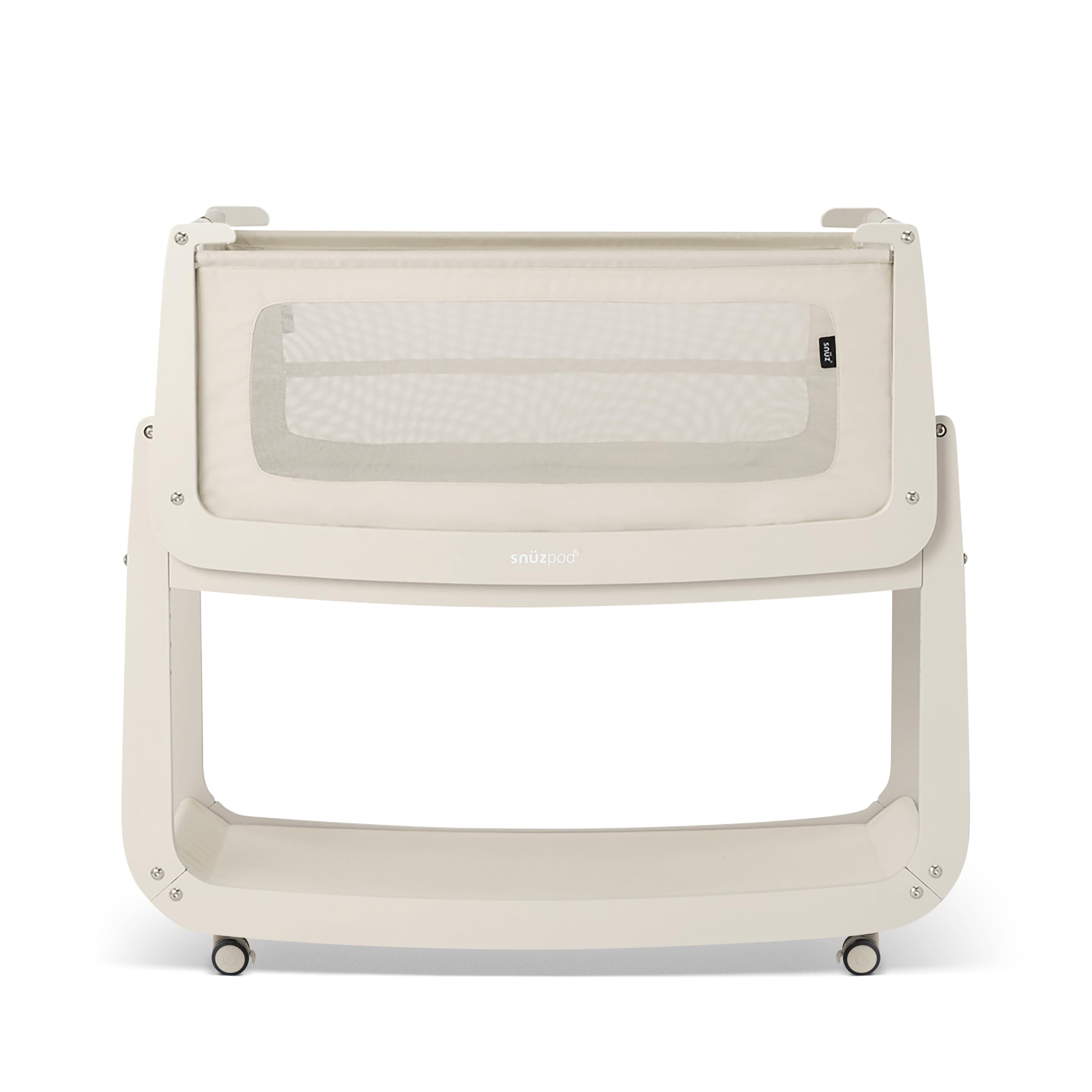 SnuzPod 5 bedside bassinet shown beside a bed for convenient nighttime proximity.