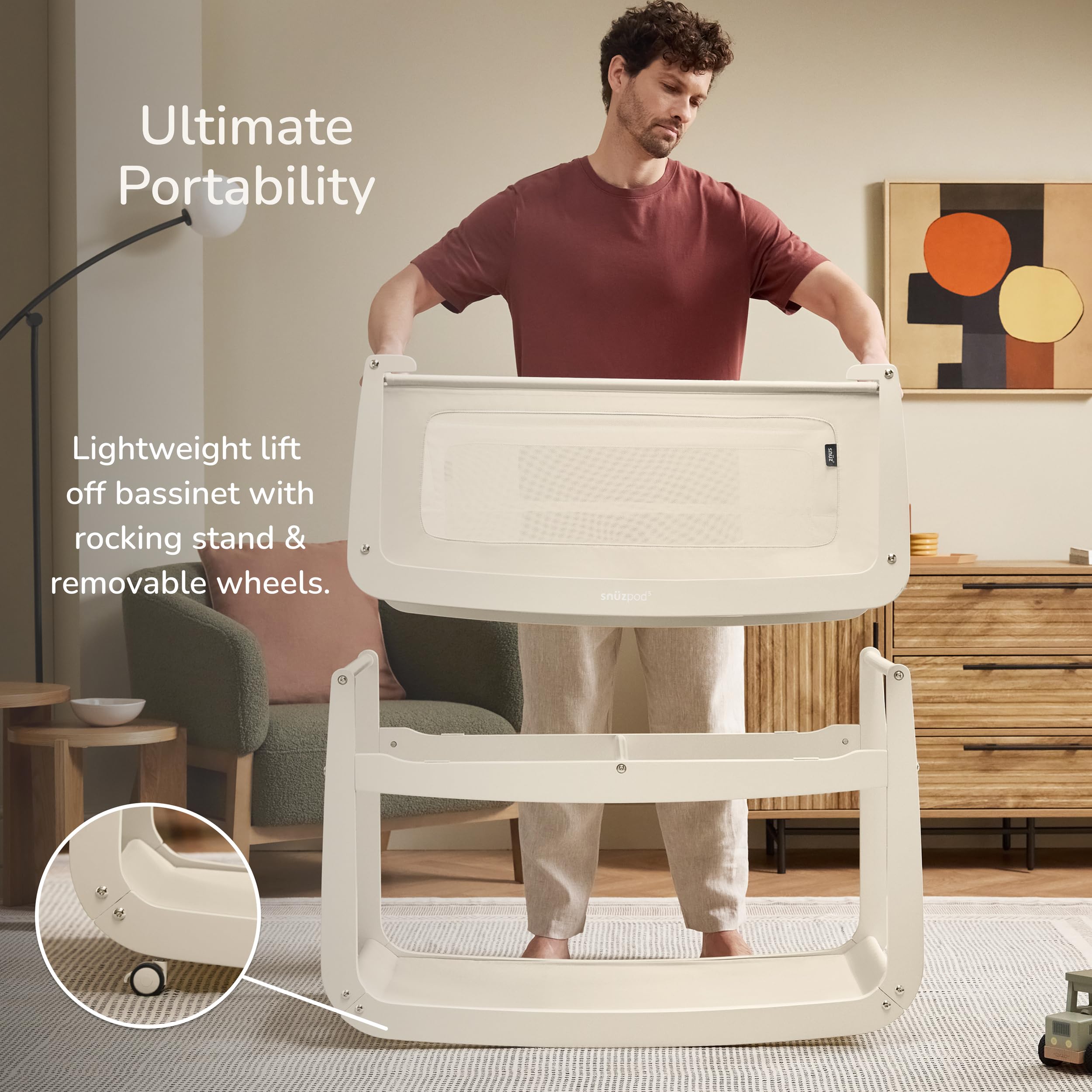 SnuzPod 5 with zip-down walls for easy, gentle night feeds.
