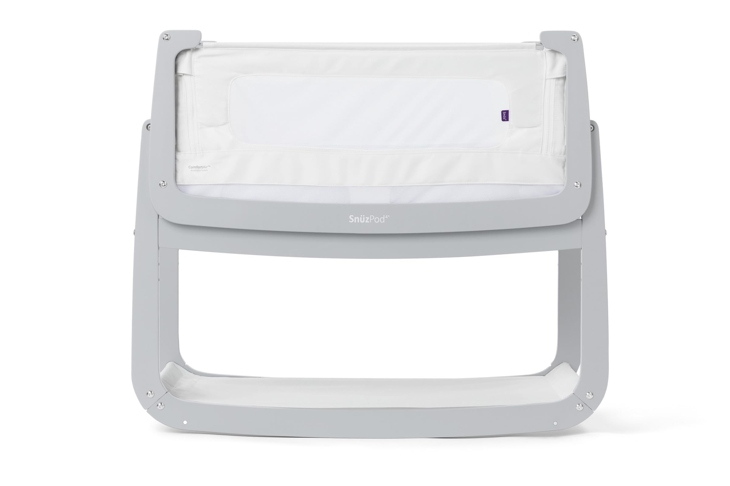 SnuzPod 4 Dove bedside bassinet setup showing compact, stylish design.