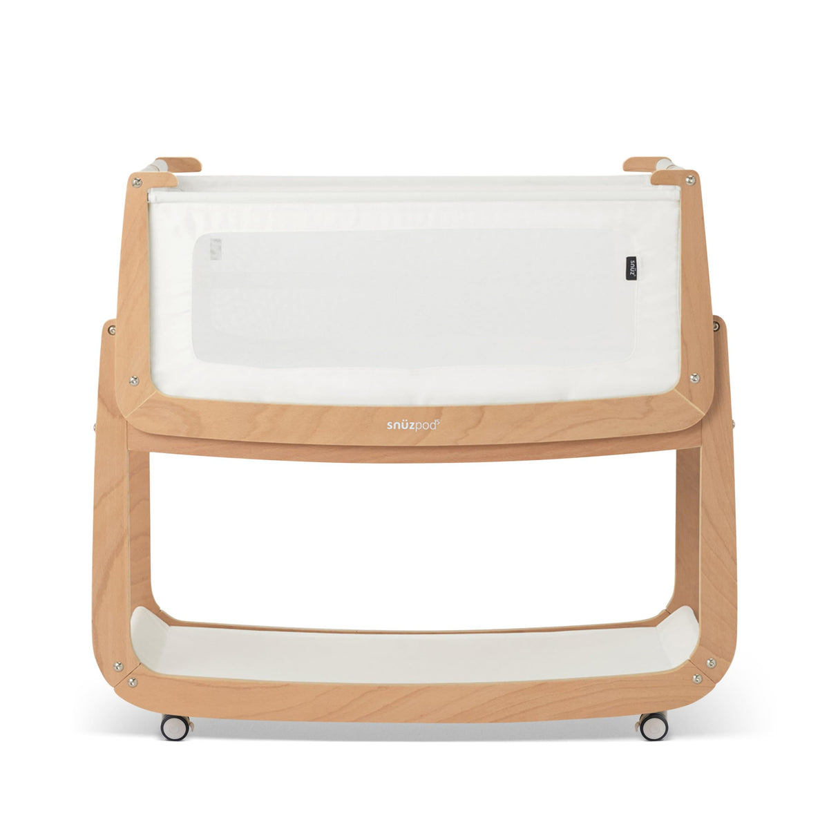 SnuzPod 5 bedside bassinet with breathable windows for visibility and airflow.
