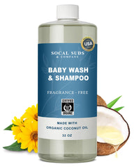 SoCal Suds & Company baby wash pour showing a smooth dispenser for quick, gentle baths.