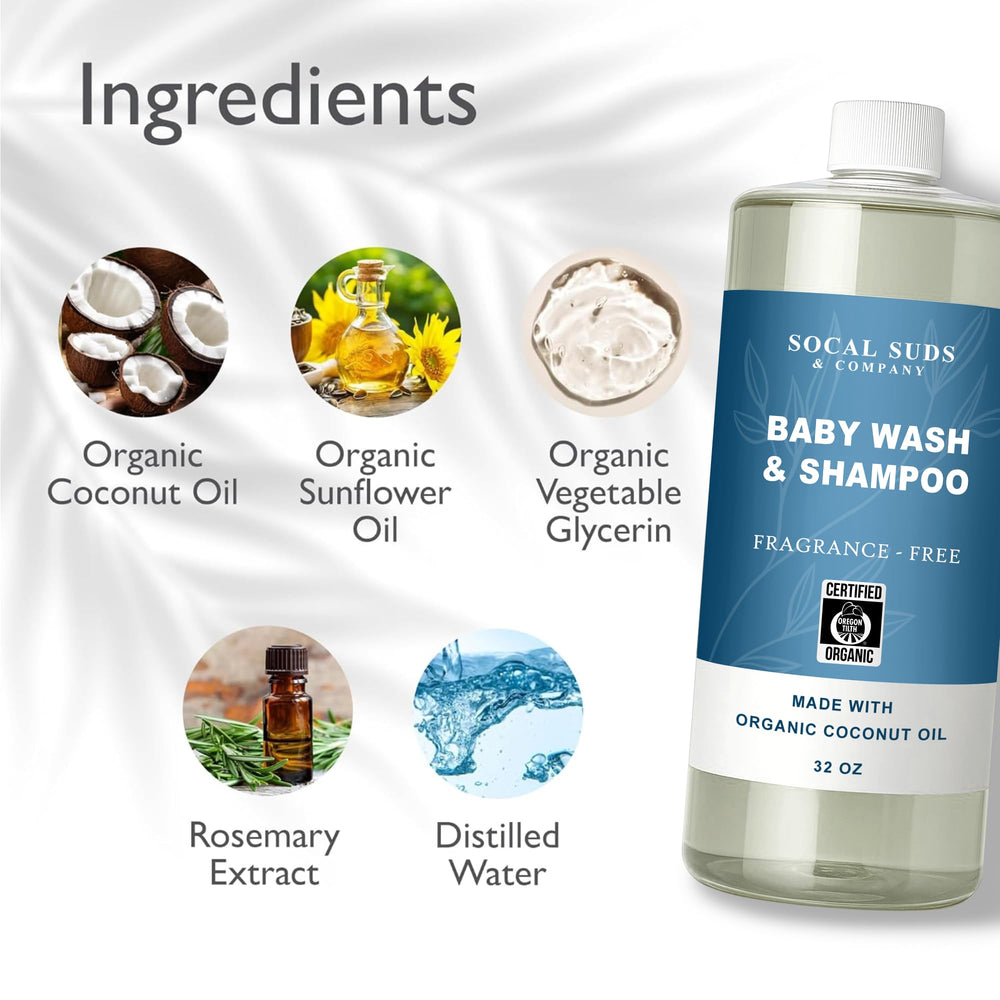SoCal Suds & Company castile soap bottle on the shelf with organic certification highlight.
