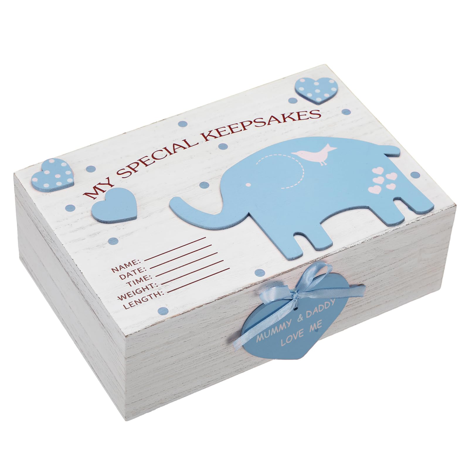 Soaoo 3D wooden keepsake box with blue elephants to store baby memories.